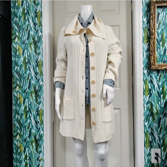 Banana Republic Italian Wool Cardigan L Ribbed Lagenlook Woolblend Preppy - Picture 3 of 11